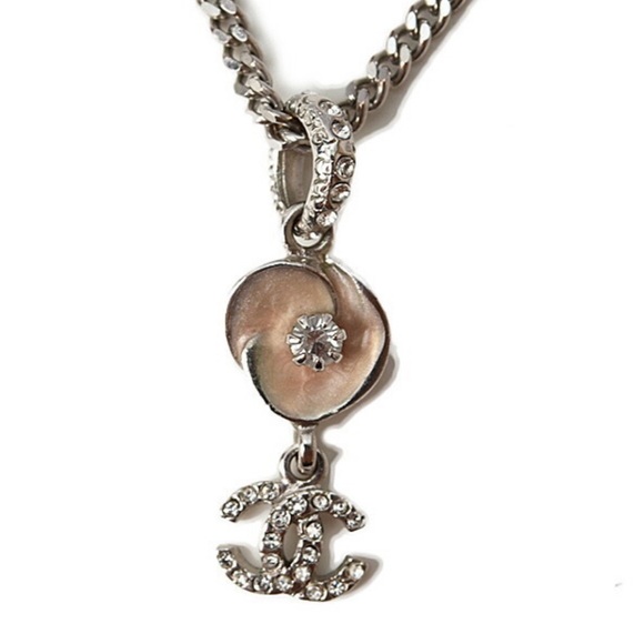 Chanel necklace/pendant CHANEL camellia motif/coco mark/CC rhinestone silver - Picture 1 of 7